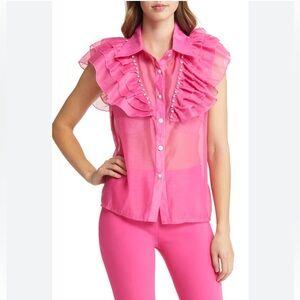 NIKKI LUND Holly Rhinestone Ruffle Button-Up Blouse